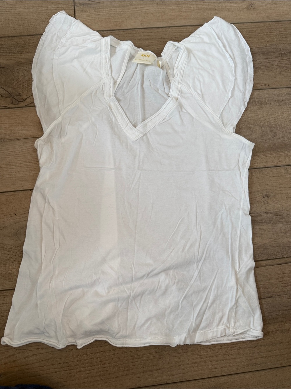Anthropologie White V-Neck Ruffle Sleeve Top